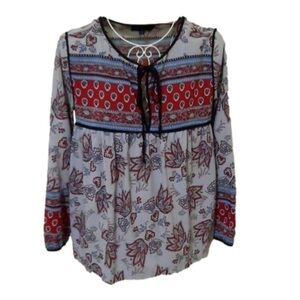 Sanctuary White and Red Tie Front Blouse with Mandarin Collar